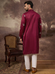 Ethnic Bay Men Maroon Silk Blend Solid Embroidered Straight Kurta with Trouser-MKSET1346