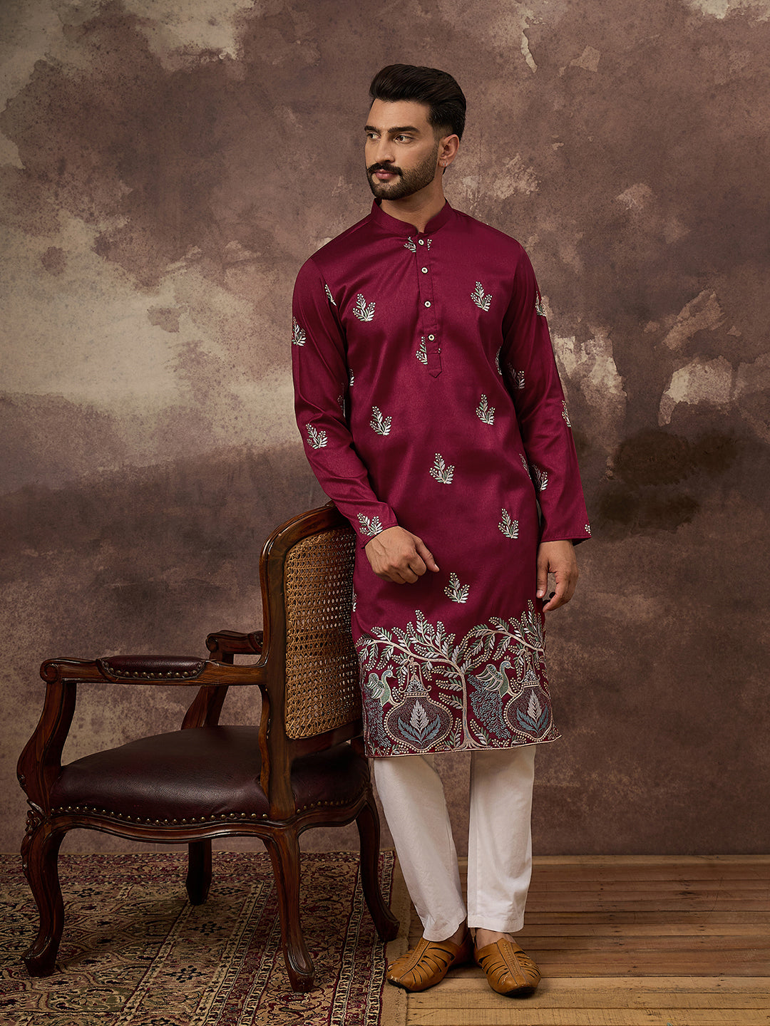 Ethnic Bay Men Maroon Silk Blend Solid Embroidered Straight Kurta with Trouser-MKSET1346
