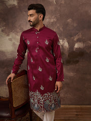 Ethnic Bay Men Maroon Silk Blend Solid Embroidered Straight Kurta with Trouser-MKSET1346