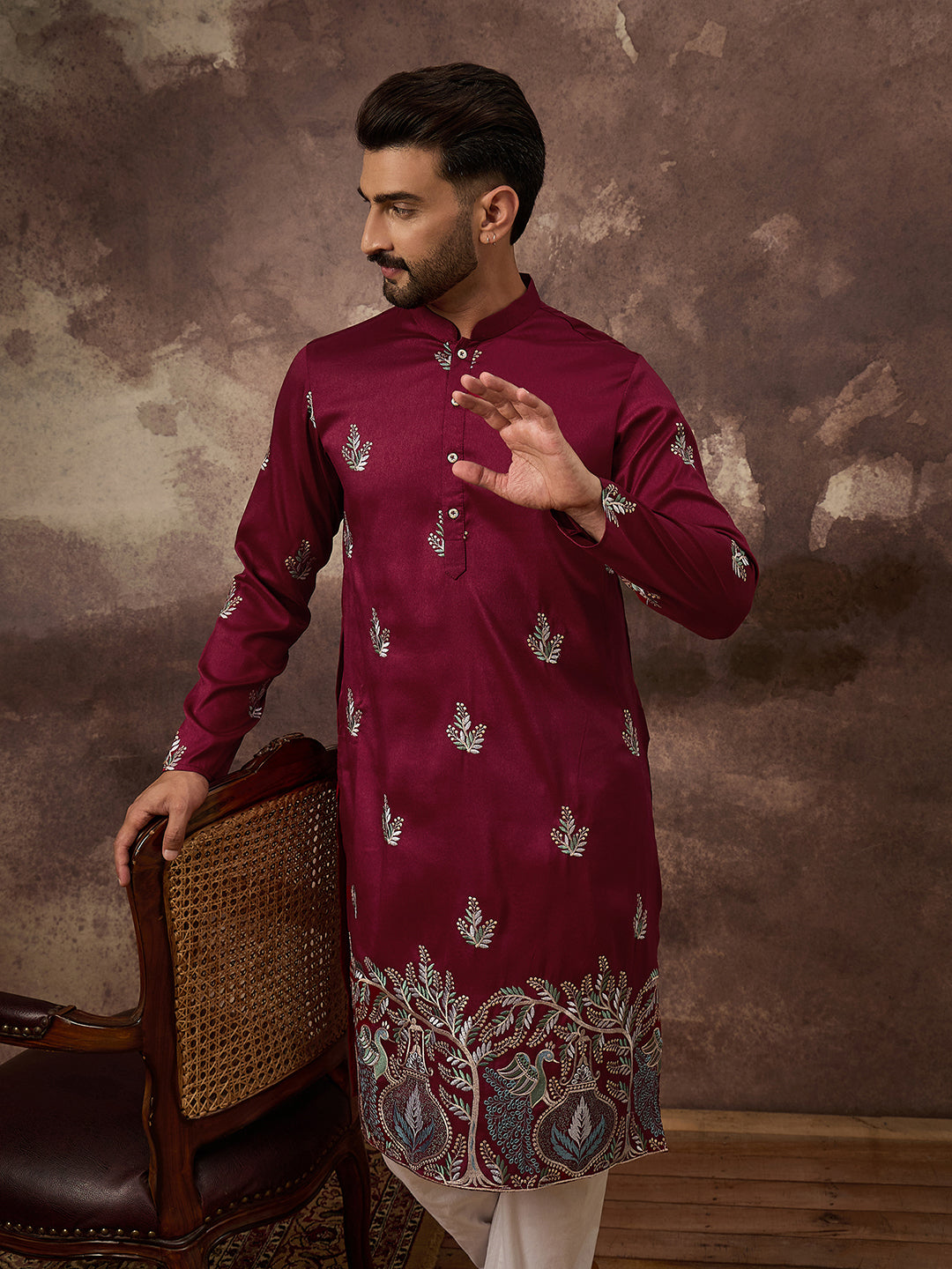 Ethnic Bay Men Maroon Silk Blend Solid Embroidered Straight Kurta with Trouser-MKSET1346