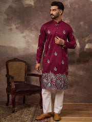Ethnic Bay Men Maroon Silk Blend Solid Embroidered Straight Kurta with Trouser-MKSET1346