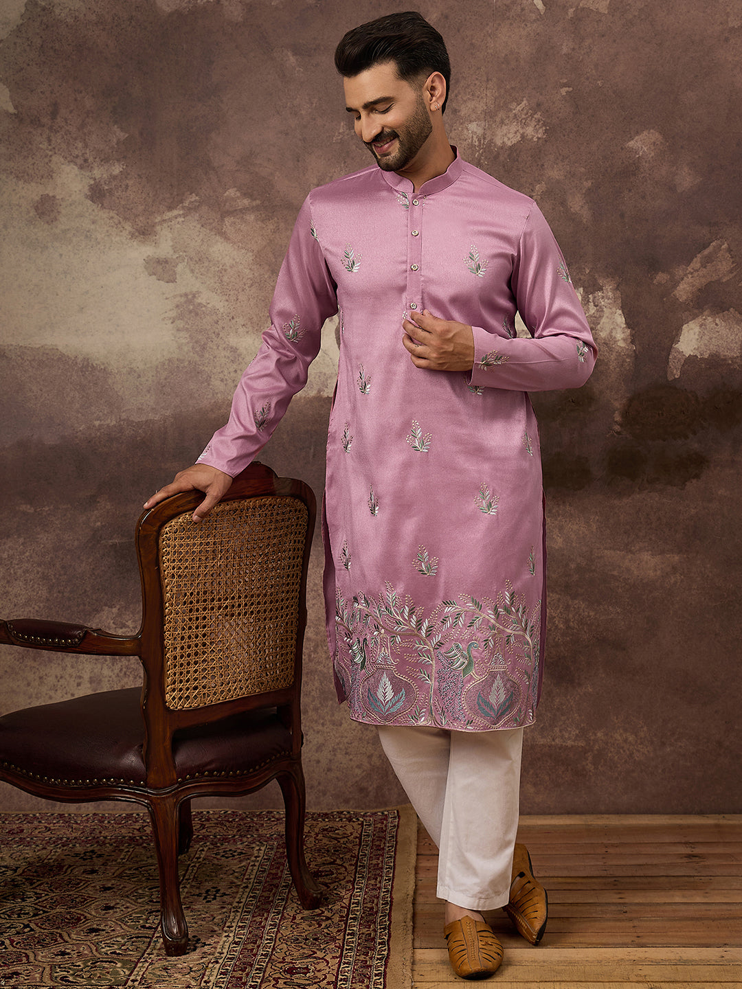 Ethnic Bay Men Pink Silk Blend Solid Embroidered Straight Kurta with Trouser-MKSET1347