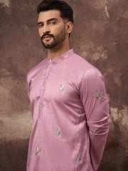 Ethnic Bay Men Pink Silk Blend Solid Embroidered Straight Kurta with Trouser-MKSET1347