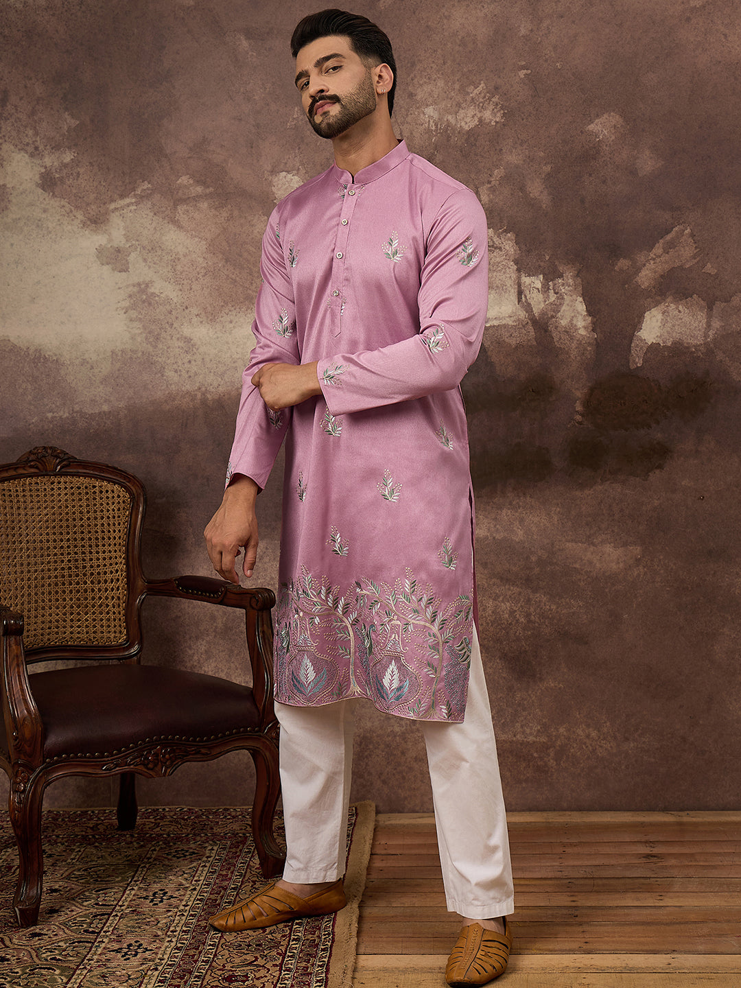 Ethnic Bay Men Pink Silk Blend Solid Embroidered Straight Kurta with Trouser-MKSET1347