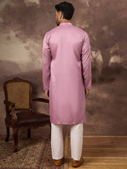 Ethnic Bay Men Pink Silk Blend Solid Embroidered Straight Kurta with Trouser-MKSET1347
