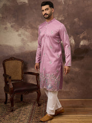 Ethnic Bay Men Pink Silk Blend Solid Embroidered Straight Kurta with Trouser-MKSET1347