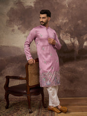 Ethnic Bay Men Pink Silk Blend Solid Embroidered Straight Kurta with Trouser-MKSET1347