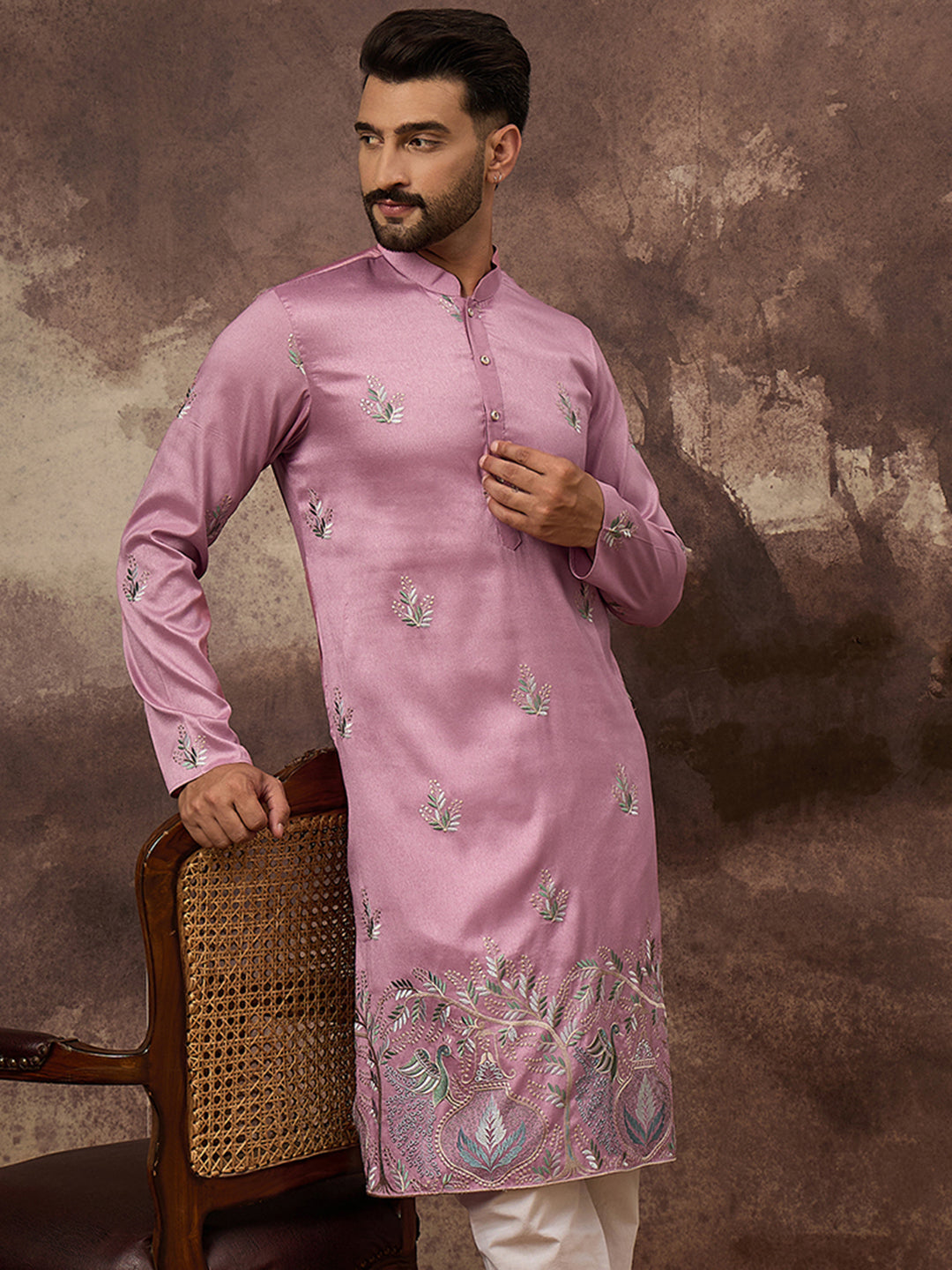 Ethnic Bay Men Pink Silk Blend Solid Embroidered Straight Kurta with Trouser-MKSET1347