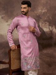 Ethnic Bay Men Pink Silk Blend Solid Embroidered Straight Kurta with Trouser-MKSET1347