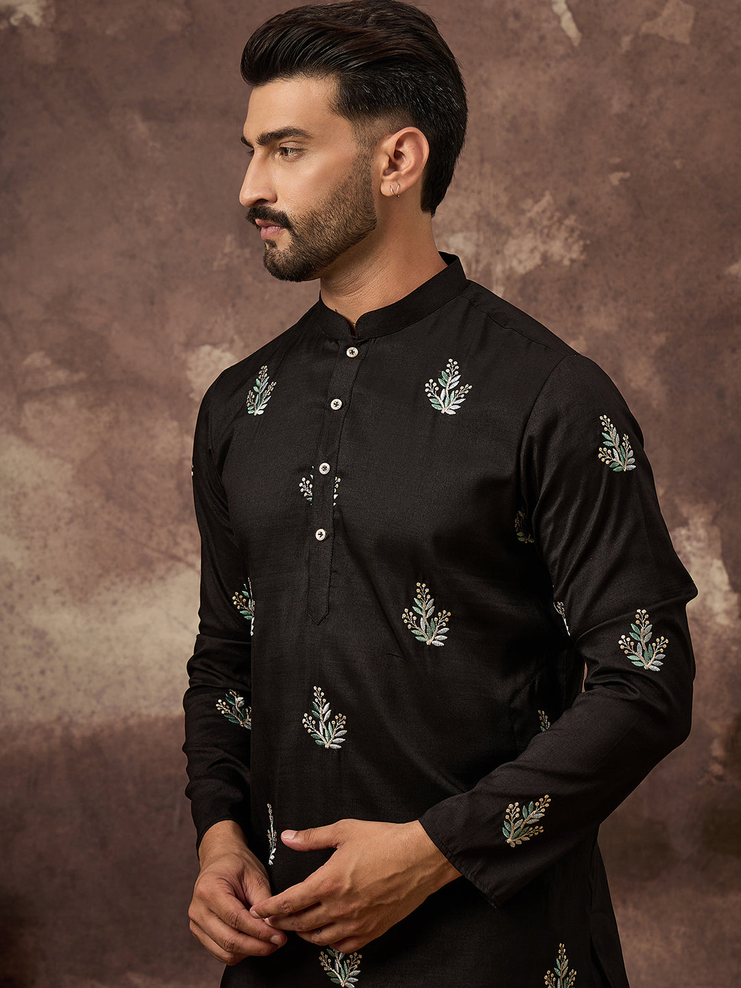 Ethnic Bay Men Black Silk Blend Solid Embroidered Straight Kurta with Trouser-MKSET1348
