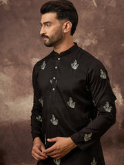 Ethnic Bay Men Black Silk Blend Solid Embroidered Straight Kurta with Trouser-MKSET1348