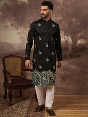 Ethnic Bay Men Black Silk Blend Solid Embroidered Straight Kurta with Trouser-MKSET1348