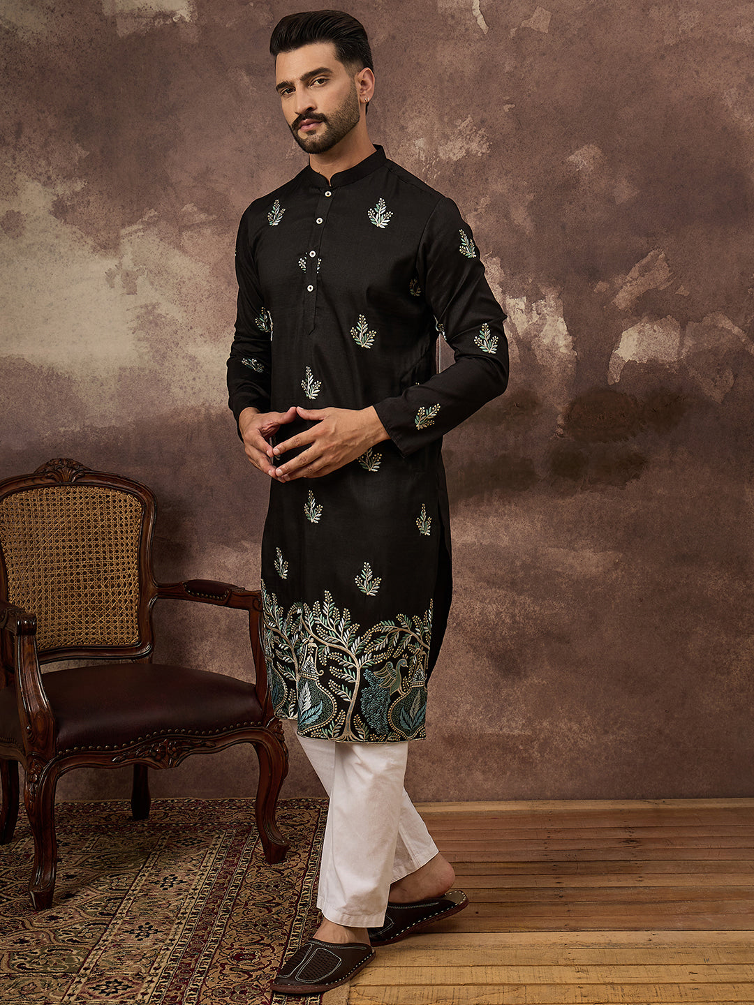 Ethnic Bay Men Black Silk Blend Solid Embroidered Straight Kurta with Trouser-MKSET1348