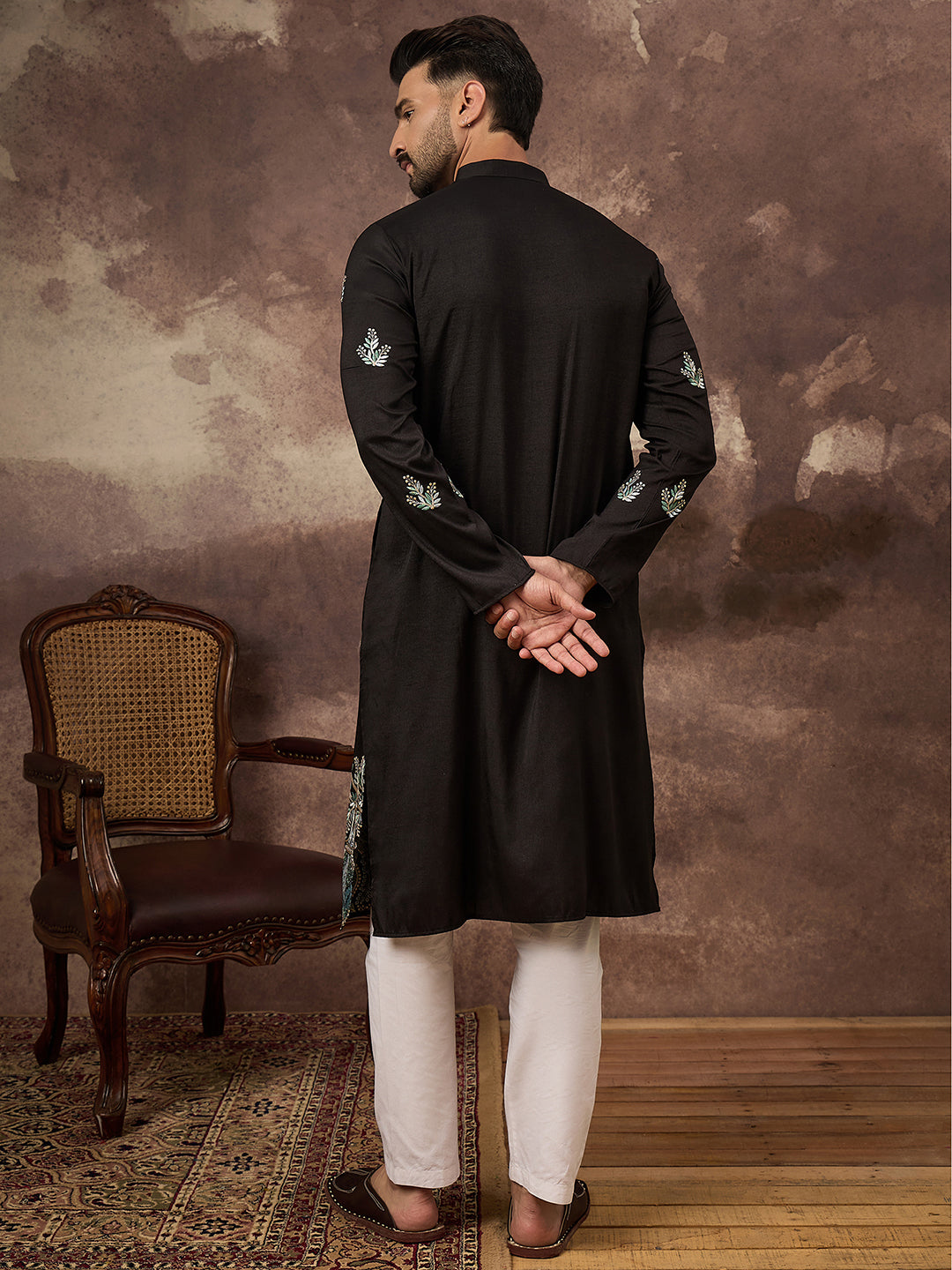 Ethnic Bay Men Black Silk Blend Solid Embroidered Straight Kurta with Trouser-MKSET1348