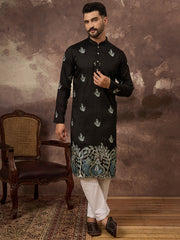 Ethnic Bay Men Black Silk Blend Solid Embroidered Straight Kurta with Trouser-MKSET1348