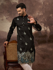 Ethnic Bay Men Black Silk Blend Solid Embroidered Straight Kurta with Trouser-MKSET1348