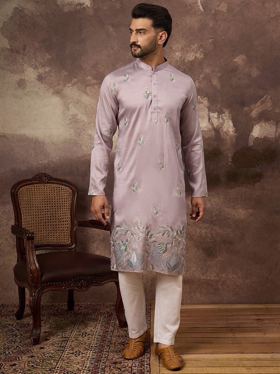 Ethnic Bay Men Lavender Silk Blend Solid Embroidered Straight Kurta with Trouser-MKSET1349