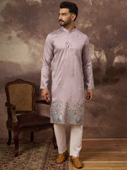 Ethnic Bay Men Lavender Silk Blend Solid Embroidered Straight Kurta with Trouser-MKSET1349