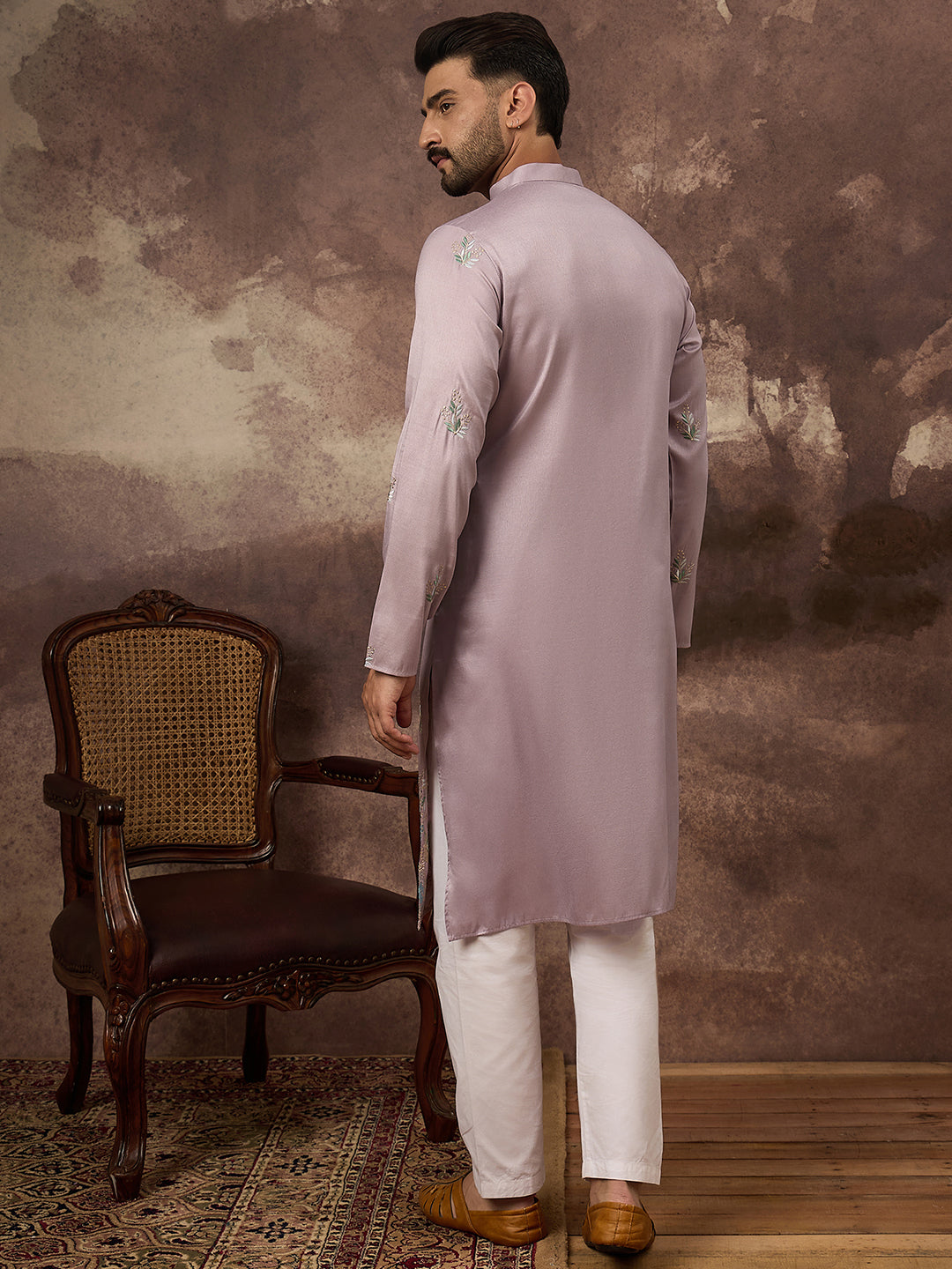 Ethnic Bay Men Lavender Silk Blend Solid Embroidered Straight Kurta with Trouser-MKSET1349