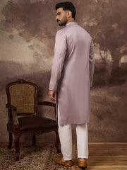Ethnic Bay Men Lavender Silk Blend Solid Embroidered Straight Kurta with Trouser-MKSET1349