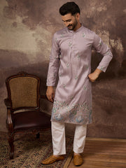 Ethnic Bay Men Lavender Silk Blend Solid Embroidered Straight Kurta with Trouser-MKSET1349