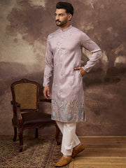 Ethnic Bay Men Lavender Silk Blend Solid Embroidered Straight Kurta with Trouser-MKSET1349