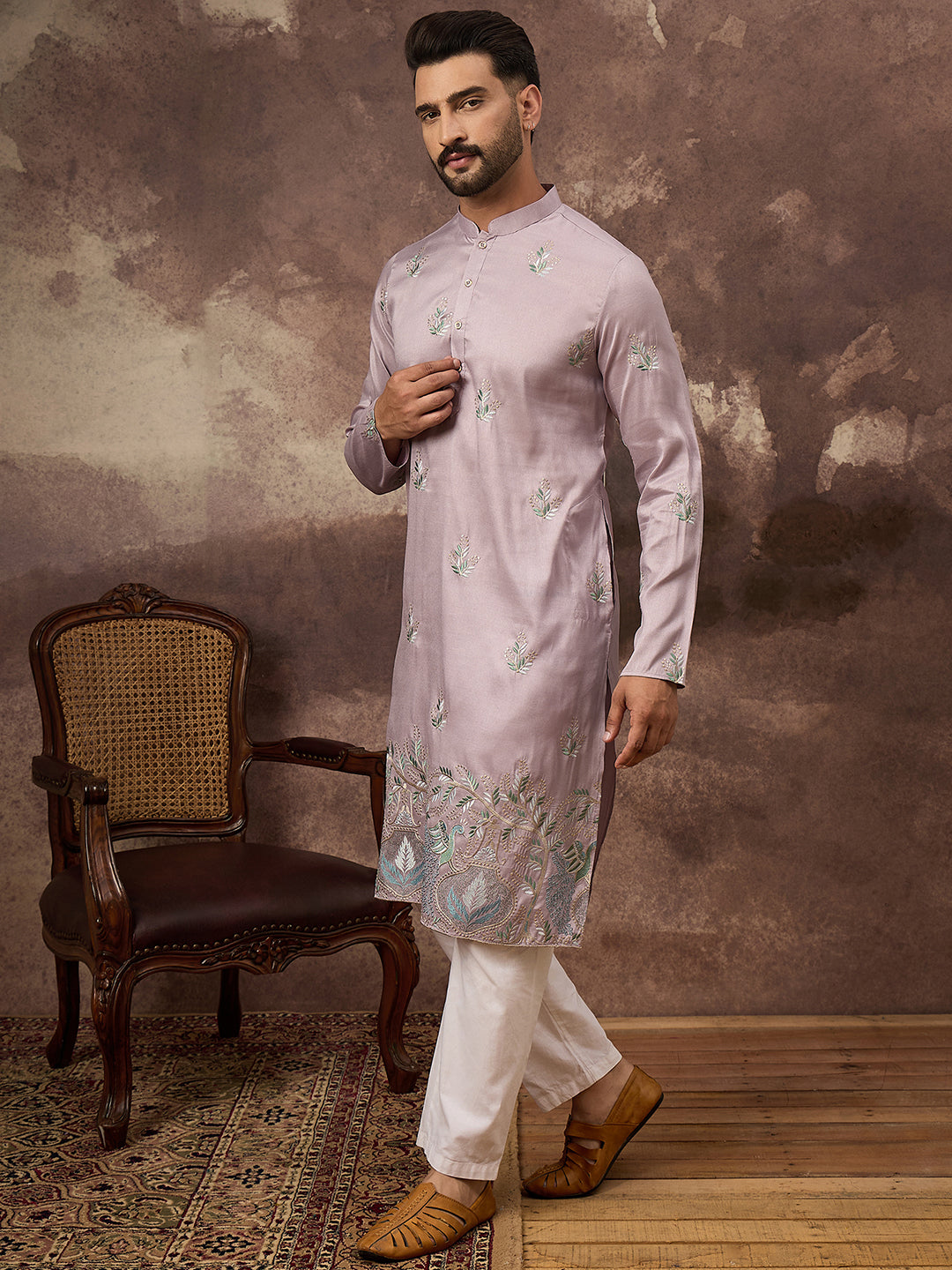 Ethnic Bay Men Lavender Silk Blend Solid Embroidered Straight Kurta with Trouser-MKSET1349