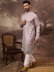 Ethnic Bay Men Lavender Silk Blend Solid Embroidered Straight Kurta with Trouser-MKSET1349