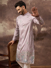 Ethnic Bay Men Lavender Silk Blend Solid Embroidered Straight Kurta with Trouser-MKSET1349