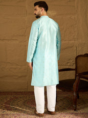 Ethnic Bay Men Blue Silk Blend Solid Woven Design Straight Kurta with Trouser-MKSET1350