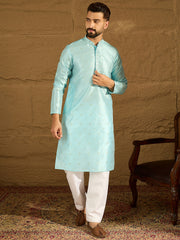 Ethnic Bay Men Blue Silk Blend Solid Woven Design Straight Kurta with Trouser-MKSET1350