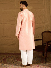 Ethnic Bay Men Peach Polyester Solid Embroidered Straight Kurta with Trouser-MKSET1351