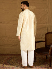 Ethnic Bay Men Off White Silk Blend Solid Woven Design Straight Kurta with Trouser-MKSET1352