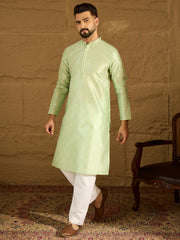 Ethnic Bay Men Yellow Silk Blend Solid Woven Design Straight Kurta with Trouser-MKSET1354