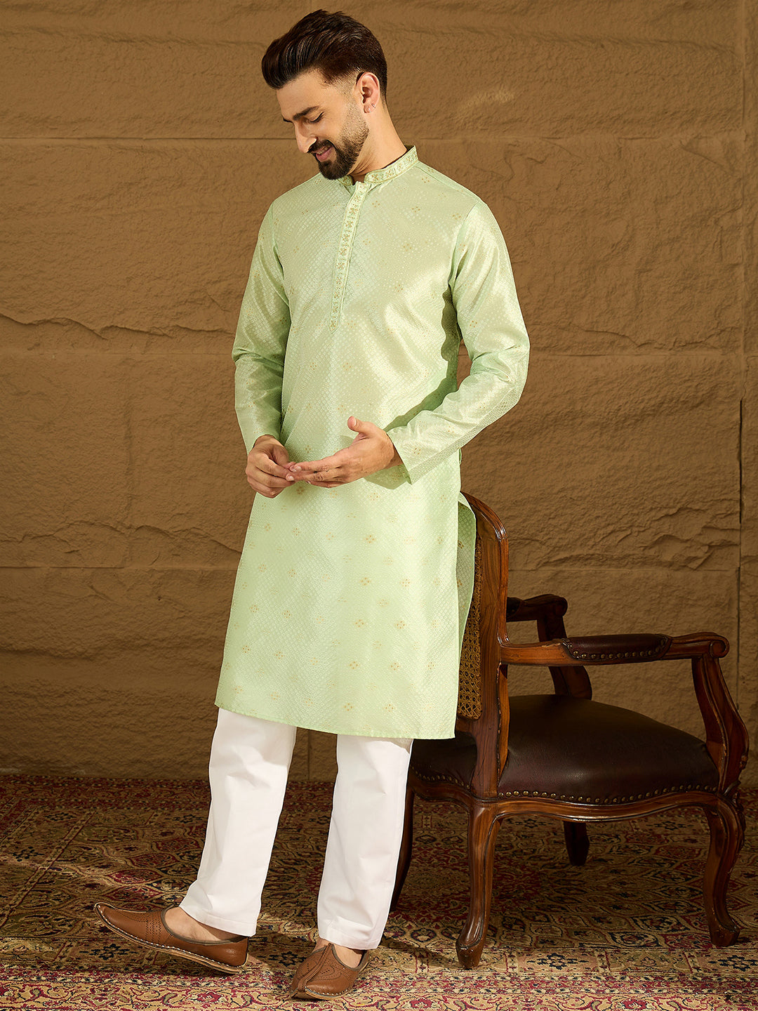 Ethnic Bay Men Yellow Silk Blend Solid Woven Design Straight Kurta with Trouser-MKSET1354