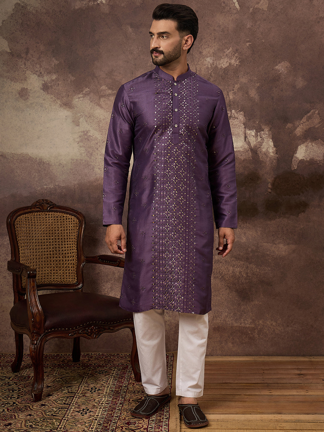 Ethnic Bay Men Purple Silk Blend Embroidered Sequins Straight Kurta with Trouser-MKSET1366