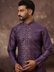 Ethnic Bay Men Purple Silk Blend Embroidered Sequins Straight Kurta with Trouser-MKSET1366