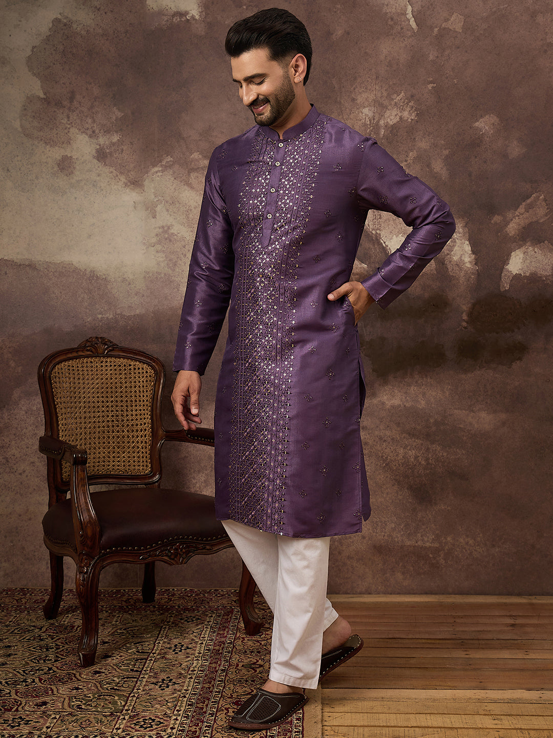 Ethnic Bay Men Purple Silk Blend Embroidered Sequins Straight Kurta with Trouser-MKSET1366