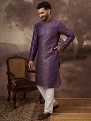 Ethnic Bay Men Purple Silk Blend Embroidered Sequins Straight Kurta with Trouser-MKSET1366
