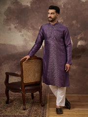 Ethnic Bay Men Purple Silk Blend Embroidered Sequins Straight Kurta with Trouser-MKSET1366