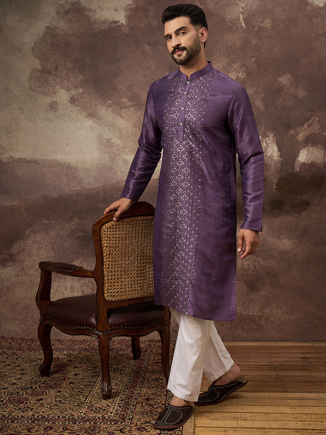 Ethnic Bay Men Purple Silk Blend Embroidered Sequins Straight Kurta with Trouser-MKSET1366