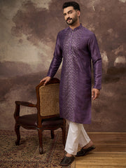 Ethnic Bay Men Purple Silk Blend Embroidered Sequins Straight Kurta with Trouser-MKSET1366