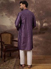 Ethnic Bay Men Purple Silk Blend Embroidered Sequins Straight Kurta with Trouser-MKSET1366