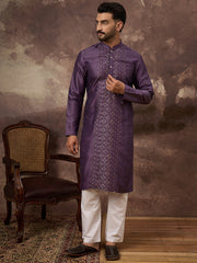 Ethnic Bay Men Purple Silk Blend Embroidered Sequins Straight Kurta with Trouser-MKSET1366