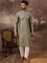 Ethnic Bay Men Green Silk Blend Solid Embroidered Straight Kurta with Trouser-MKSET1367