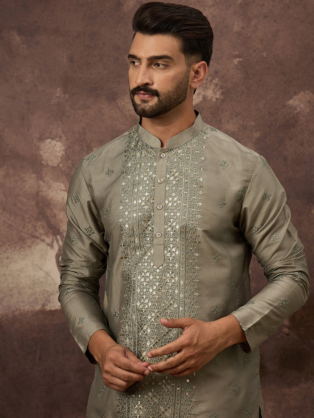 Ethnic Bay Men Green Silk Blend Solid Embroidered Straight Kurta with Trouser-MKSET1367