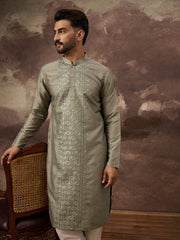 Ethnic Bay Men Green Silk Blend Solid Embroidered Straight Kurta with Trouser-MKSET1367
