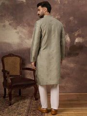 Ethnic Bay Men Green Silk Blend Solid Embroidered Straight Kurta with Trouser-MKSET1367