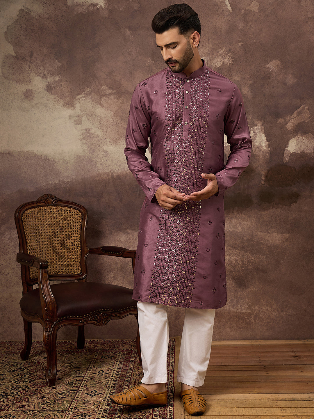 Ethnic Bay Men Mavue Silk Blend Solid Embroidered Straight Kurta with Trouser-MKSET1368