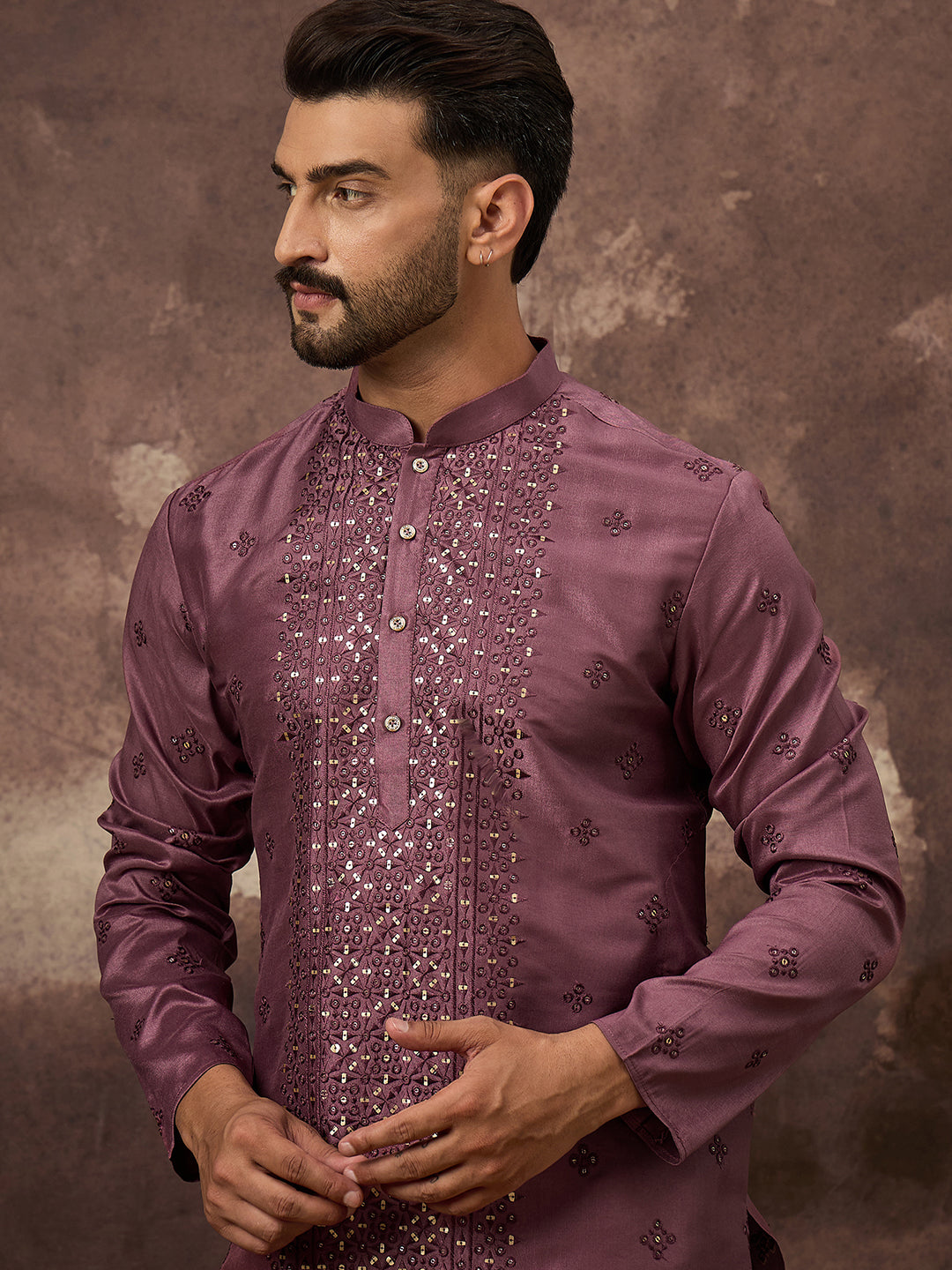 Ethnic Bay Men Mavue Silk Blend Solid Embroidered Straight Kurta with Trouser-MKSET1368